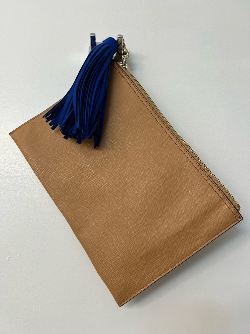 Neiman Marcus Tan Clutch with Royal Blue Tassel